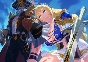 Rule 34 | 1boy, 1girl, absurdres, beard, blonde hair, blue eyes, breasts, cervantes de leon, commentary request, commission, crying, crying with eyes open, defeat, facial hair, hat, highres, holding, holding sword, holding weapon, large breasts, laurel crown, long hair, pirate costume, pirate hat, pixiv commission, sophitia alexandra, soul calibur, sword, tears, weapon, yagi2013