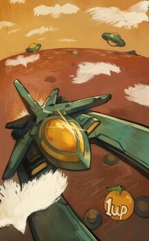 Rule 34 | 1up, absurdres, aircraft, airplane, apple, day, flying saucer, food, fruit, glass cockpit, highres, horizon, kornod, no humans, orange sky, sky, spacecraft, vehicle focus, zeroranger