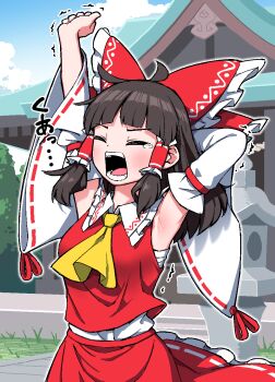 1girl armpits ascot bow brown_hair building closed_eyes commentary_request detached_sleeves facing_viewer frilled_bow frilled_hair_tubes frills hair_bow hair_tubes hakurei_reimu hakurei_shrine highres long_hair open_mouth red_bow red_skirt ribbon-trimmed_skirt ribbon-trimmed_sleeves ribbon_trim skirt skirt_set solidus_(sword_cube) solo stone_lantern stretching sweat touhou translation_request yellow_ascot