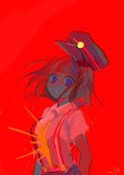 1girl blue_eyes blunt_bangs blunt_ends bob_cut colored_skin drooling ena:_dream_bbq ena_(dream_bbq) ena_(series) ena_(species) grey_skin hangover_ena hat highres hole_in_stomach hole_on_body multicolored_skin red_skin red_theme shirt simple_background solo suspenders two-tone_skin usagimarumei