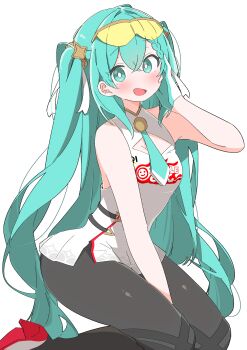 Rule 34 | 1girl, :d, absurdres, aqua eyes, aqua gloves, aqua necktie, arm up, bare arms, between legs, black leggings, blush, bright pupils, cleavage cutout, clothing cutout, crossed bangs, dress, eyewear on head, gloves, hair between eyes, hair ornament, hair ribbon, hand between own legs, hand on own cheek, hand on own face, hatsune miku, high heels, highres, kneeling, leggings, logo, long hair, looking at viewer, multicolored gloves, necktie, no nose, open mouth, racing miku, racing miku (2026), ribbon, short dress, short necktie, simple background, sleeveless, sleeveless dress, smile, solo, star (symbol), star hair ornament, tinted eyewear, twintails, two-sided gloves, two-tone gloves, uruti 2388, very long hair, vocaloid, white background, white dress, white gloves, white pupils, white ribbon, yellow-tinted eyewear