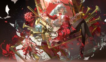 Rule 34 | 1girl, absurdres, bare shoulders, black pantyhose, breasts, chinese commentary, commentary request, crossed legs, detached sleeves, dress, flower, grey hair, hecate (wuthering waves), high heels, highres, holding, holding flower, instrument, kaekaeki, long hair, medium breasts, nail polish, pantyhose, phrolova (wuthering waves), red dress, red nails, single detached sleeve, sitting, spider lily, tacet discord (wuthering waves), trumpet, wuthering waves