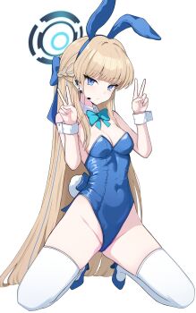 1girl 333day absurdres animal_ears aqua_bow aqua_bowtie blonde_hair blue_archive blue_eyes blue_hairband blue_halo blue_leotard blue_streaks bow bowtie commentary_request detached_collar double_v earpiece expressionless fake_animal_ears fake_tail full_body hairband halo highleg highleg_leotard highres kneeling leotard long_hair looking_at_viewer multicolored_hair playboy_bunny rabbit_ears rabbit_tail solo strapless strapless_leotard streaked_hair tail thighhighs toki_(blue_archive) toki_(bunny)_(blue_archive) v white_background white_thighhighs white_wrist_cuffs wrist_cuffs