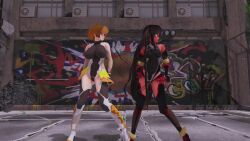 2girls 3d animated artist_request ass ass_focus ass_shake audible_music blonde_hair blue_eyes blush boots brown_hair cameltoe curvy dancing gloves highleg highleg_leotard highres huge_ass igawa_sakura jiggle legs_apart leotard long_hair looking_at_viewer mikumikudance_(medium) mizuki_yukikaze multiple_girls one-piece_tan pink_eyes shiny_skin short_hair skirt smile sound standing tagme taimanin_(series) taimanin_asagi taimanin_yukikaze tan tanline thighhighs thong_leotard twintails very_long_hair video