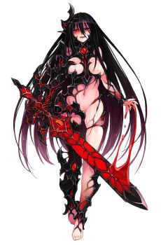 1girl armor asymmetrical_armor barefoot black_eyes black_hair breasts chest_jewel corruption cursed_sword_(monster_girl_encyclopedia) deep_skin evil_smile female_focus full_body gradient_hair heterochromia highres holding holding_sword holding_weapon jewelry kenkou_cross large_breasts long_hair looking_at_viewer monster_girl_encyclopedia monster_girl_encyclopedia_ii multicolored_hair navel official_art purple_hair red_eyes revealing_clothes simple_background skindentation smile solo standing sword toes unsheathed very_long_hair warrior weapon white_background