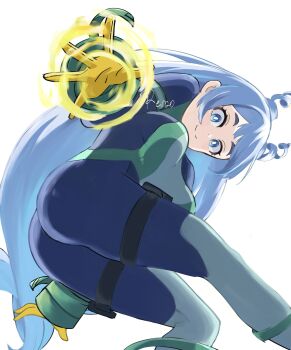 1girl artist_request ass blue_bodysuit blue_eyes blue_hair bodysuit boku_no_hero_academia closed_mouth drill_hair female_focus gloves green_bodysuit hado_nejire long_hair looking_at_viewer multicolored_bodysuit smile solo superhero_costume twin_drills yellow_gloves