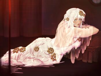 1girl absurdres analog_clock backless_dress backless_outfit blue_eyes breasts bridal_veil clock clock_print dress e.g.o_(project_moon) everlasting_(e.g.o) faust_(project_moon) feathers gear_hair_ornament gears highres hollowordsbirds limbus_company looking_at_viewer lying project_moon short_hair solo veil wall_clock wedding_dress white_dress white_hair white_veil wings