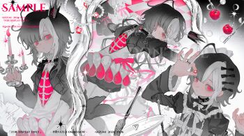 Rule 34 | 1girl, absurdres, ahoge, black bow, black hair, black thighhighs, bow, candle, candlestand, closed mouth, commission, crown, dress, expressionless, fire, fork, gem, glowing, glowing eyes, hair bow, highres, holding, holding candlestand, holding gem, izumi 087, jewelry, juliet sleeves, long hair, long sleeves, looking at viewer, mihuashi commission, mini crown, multicolored hair, multiple views, original, pink bow, pink eyes, pink fire, pink gem, plate, puffy sleeves, ring, sample watermark, streaked hair, thighhighs, watermark, white bow