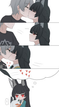 1boy 1girl 1other ? absurdres animal_ear_fluff animal_ears bangboo_(zenless_zone_zero) black_hair black_shirt blush closed_eyes closed_mouth eous_(zenless_zone_zero) fox_ears green_jacket grey_eyes grey_hair greyscale heart hetero highres hoshimi_miyabi jacket kiss monochrome namikare red_eyes shirt wise_(zenless_zone_zero) zenless_zone_zero