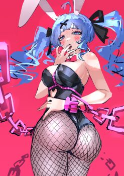 1girl absurdres animal_ears ass blue_eyes blue_hair blush bow bowtie breasts chain chumji clothing_cutout cowboy_shot cutout_above_navel drooling fishnets hair_ornament hair_ribbon hand_in_mouth hashtag-only_commentary hatsune_miku heart heart-shaped_pupils heart_cutout highres large_breasts long_hair open_mouth playboy_bunny rabbit_ears rabbit_hole_(vocaloid) red_background red_bow red_bowtie ribbon saliva solo strapless symbol-shaped_pupils