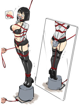 1boy 1girl arms_behind_back bdsm bondage bound collar collared_shirt crotch_rope eudetenis garter_belt garter_straps hanged highres original pencil_skirt peril red_rope restrained rope shibari shirt skirt slave