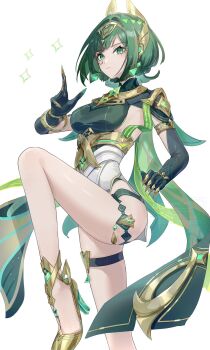 1girl belt black_gloves bracelet breasts chest_jewel claw_ring earrings elbow_gloves eye_tattoo genshin_impact gloves green_eyes green_hair green_shirt headpiece high_heels highres jewelry large_breasts looking_at_viewer medium_hair miniskirt nefer_(genshin_impact) shirt skirt solo suwa_(swk_kkk) tattoo thigh_strap thighs usekh_collar white_skirt