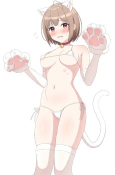 1girl absurdres ahoge animal_collar animal_ear_fluff animal_ears animal_hands areola_slip bell bikini blush breasts cat_ears cat_paws cat_tail cleavage collar commentary_request embarrassed fake_animal_ears fake_tail flying_sweatdrops harusaki_nodoka highres hololive jingle_bell large_breasts looking_at_viewer medium_hair micro_bikini navel neck_bell norigure18 open_mouth paw_print paw_tattoo pink_eyes solo standing sweatdrop swimsuit tail tattoo thighhighs virtual_youtuber white_thighhighs