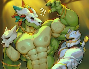 !? 1boy 1other abs absurdres armlet armor bara bracelet commentary cropped english_commentary full_armor furry furry_male highres jewelry large_pectorals male_focus mask mixter_art muscular_arms necklace nipples paid_reward_available pectorals player_character_(terraria) reptile_boy skull_mask terraria veins weapon weapon_on_back witch_doctor_(terraria)