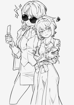 Rule 34 | 2girls, adapted costume, alternate costume, blush, buttons, cellphone, closed mouth, collared shirt, commentary request, detached sleeves, eyeball, flip phone, greyscale, hair ornament, hairband, heart, heart button, heart hair ornament, highres, holding, holding phone, horikawa raiko, jacket, kashiwagi (pixiv35005989), komeiji satori, monochrome, multiple girls, necktie, open clothes, open jacket, pencil skirt, phone, shirt, skirt, smile, squiggle, sunglasses, third eye, touhou, vest