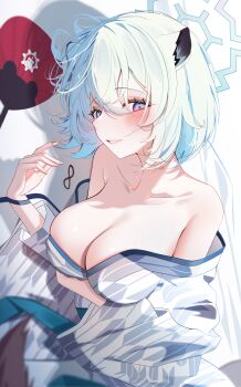 Rule 34 | 1girl, absurdres, animal ears, arm under breasts, bare shoulders, bath yukata, blue archive, blue halo, blurry, blush, breasts, cleavage, collarbone, commentary, depth of field, eyelashes, green hair, hair between eyes, halo, hand fan, hand up, highres, incredibly absurdres, japanese clothes, kimono, large breasts, long sleeves, looking at viewer, lying, medium hair, naked kimono, official alternate costume, on side, parted lips, pink eyes, shadow, shigure (blue archive), shigure (hot spring) (blue archive), short hair, sikimosh, simple background, smile, tail, upper body, weasel ears, weasel girl, weasel tail, white background, white kimono, wide sleeves, yagasuri, yukata