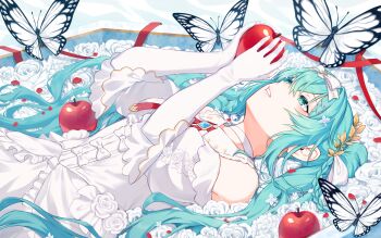 Rule 34 | 1girl, absurdres, apple, aqua eyes, aqua hair, bare shoulders, bow, braid, bug, butterfly, choker, dress, elbow gloves, flower, food, fruit, gloves, gomimusi go go, hair between eyes, hair bow, hair ornament, hairclip, hatsune miku, highres, holding, holding food, holding fruit, insect, leaf hair ornament, long hair, lying, on back, parted lips, red ribbon, ribbon, rose, shiroi yuki no princess wa (vocaloid), sleeveless, sleeveless dress, solo, twintails, very long hair, vocaloid, white bow, white butterfly, white choker, white dress, white flower, white gloves