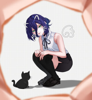 1girl absurdres black_cat black_choker black_hair black_ribbon black_shorts black_thighhighs cat chainsaw_man choker collared_shirt cosmicveil drawn_ears drawn_whiskers drawn_wings green_eyes grenade_pin hair_between_eyes highres loafers neck_ribbon reze_(chainsaw_man) ribbon shirt shirt_tucked_in shoes shorts sleeveless sleeveless_shirt squatting thighhighs tongue tongue_out white_shirt