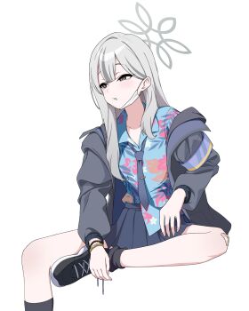 1girl armband bandaid bandaid_on_knee bandaid_on_leg black_jacket black_shoes black_socks blue_archive blue_armband blue_shirt blue_skirt bracelet collarbone collared_shirt commentary grey_eyes grey_hair halo hawaiian_shirt highres jacket jewelry konoka_(blue_archive) long_sleeves mandara3a mask_pull miniskirt off_shoulder parted_lips shirt shoes sitting skirt socks solo white_mask