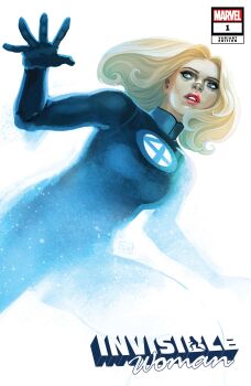 1girl absurdres blonde_hair blue_bodysuit blue_eyes blue_gloves bodysuit character_name comic_cover company_name copyright_logo copyright_name cover cover_page english_text fantastic_four floating_hair gloves highres invisible logo long_hair looking_down looking_to_the_side marvel mature_female official_art parted_hair parted_lips partially_invisible pink_lips solo stephanie_hans sue_storm superhero_costume western_comics_(style) white_background