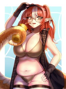 1girl absurdres adjusting_clothes adjusting_headwear alternate_costume arknights arm_up bikini black_gloves black_jacket blue_background blush breasts brown_bikini cowboy_shot cup disposable_cup drinking_straw fangs fingerless_gloves glasses gloves halterneck hand_on_own_hip highres holding holding_with_tail huge_breasts jacket kmr_gachinkoi long_hair looking_at_viewer navel open_clothes open_jacket open_mouth orange_eyes orange_hair pointy_ears prehensile_tail semi-rimless_eyewear slit_pupils snake_girl snake_tail solo stomach sweat swimsuit tail teeth thighhighs two_side_up under-rim_eyewear upper_teeth_only white_thighhighs wulfenite_(arknights)