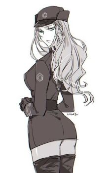 Rule 34 | 1girl, artist request, ass, breasts, first order, hat, large breasts, long hair, looking back, military hat, military uniform, panties, panty peek, pantyhose, signature, simple background, sketch, skirt, star wars, star wars: the force awakens, thighhighs, underwear, wavy hair, white background