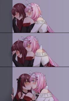 2girls biting black_ribbon blue_eyes blush closed_eyes commentary ear_blush eden_(honkai_impact) elysia_(honkai_impact) hair_ribbon hashtag-only_commentary highres honkai_(series) honkai_impact_3rd long_hair multiple_girls neck_biting off-shoulder_shirt off_shoulder open_mouth pink_hair pointy_ears red_hair ribbon shirt toufu_0626 white_shirt yellow_eyes yuri