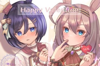Rule 34 | 2girls, ahoge, animal ears, ascot, black hair, blue eyes, blush, brown ascot, brown dress, brown hair, chef, chef hat, commentary request, dress, eishin flash (precise chocolatier) (umamusume), eishin flash (umamusume), finger to mouth, frilled cuffs, hair between eyes, hair ornament, hairband, hairclip, happy valentine, hat, heart, holding, horse ears, horse girl, licking, licking finger, long hair, long sleeves, looking at viewer, mihono bourbon (code: icing) (umamusume), mihono bourbon (umamusume), mini chef hat, mini hat, multiple girls, official alternate costume, open mouth, setani neco, short hair, star (symbol), tilted headwear, umamusume, upper body, white dress