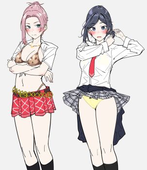 2girls bikini blue_eyes blue_hair blush breasts circle_lpumpkin clothes_around_waist crossed_arms dead_or_alive dead_or_alive_xtreme dead_or_alive_xtreme_venus_vacation elise_(doa) embarrassed hair_bun highres large_breasts long_hair medium_hair miniskirt multiple_girls necktie pink_hair reika_(doa) school_uniform see-through_clothes see-through_shirt shirt skirt socks sweater sweater_around_waist swimsuit upskirt