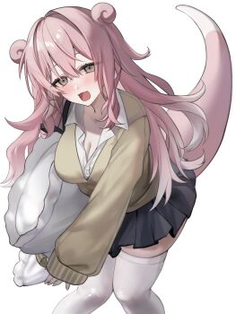 1046u 1girl absurdres black_skirt borrowed_design breasts cleavage collared_shirt commentary_request dress_shirt feet_out_of_frame gen_1_pokemon gyaru gyaru_slowpoke_(shin_no_tenpii) hair_between_eyes hair_intakes highres holding holding_pillow large_breasts long_hair long_sleeves looking_at_viewer miniskirt nintendo personification pillow pink_hair pleated_skirt pokemon pokemon_tail school_uniform shirt skindentation skirt slowpoke solo sweater tail thighhighs very_long_hair white_shirt white_thighhighs yellow_sweater zettai_ryouiki