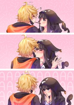 Rule 34 | ..., 1boy, 1girl, ?, ahoge, animal ears, black coat, black hair, blonde hair, blush, coat, dress, face mask, fake animal ears, fake tail, food, food in mouth, grey dress, grey eyes, hetero, hime cut, hoodie, jewelry, kanade rindo, kiss, long hair, mask, mouth mask, necklace, orange hoodie, plaid clothes, plaid dress, pocky, pocky day, pocky in mouth, pocky kiss, sailor dress, sakurane shoka, shared food, shin subarashiki kono sekai, subarashiki kono sekai, tail