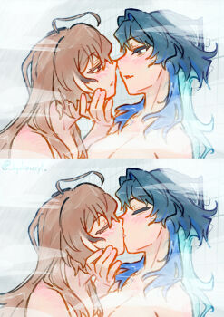 2girls black_hair blue_eyes blue_hair blush breasts brown_eyes brown_hair closed_eyes hand_on_another's_face highres hololive hololive_english hydroxyl kiss large_breasts long_hair multicolored_hair multiple_girls nanashi_mumei nude ouro_kronii same-sex_bathing shared_bathing showering steam twitter_username two-tone_hair virtual_youtuber wet yuri