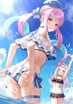 2girls adjusting_clothes adjusting_swimsuit ahoge alternate_costume aqua_hair arched_bangs arms_up ass beret bikini black_bikini blue_bikini blue_hat blue_sky blunt_bangs braid breasts butt_crack cloud colored_inner_hair commentary_request cone_hair_bun day drill_hair faubynet frilled_bikini frills grey_hair hair_bun half_up_braid hat highres hololive large_breasts linea_alba long_hair looking_at_viewer median_furrow minato_aqua multicolored_hair multiple_girls murasaki_shion navel open_mouth outdoors outstretched_arms pink_hair purple_eyes revision short_eyebrows side-tie_bikini_bottom side_up_bun sidelocks single_side_bun sky stomach streaked_hair stretching swimsuit thigh_strap twin_drills twintails two-tone_hair virtual_youtuber wading water yellow_eyes