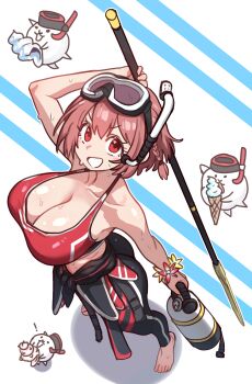 1girl absurdres bare_shoulders barefoot bikini black_wetsuit blush breasts cat_(nyanko_daisensou) cleavage diving_mask ebora food full_body goggles harpoon highres ice_cream kanna_(nyanko_daisensou) large_breasts looking_at_viewer nyanko_daisensou off_shoulder open_mouth pink_hair red_bikini red_eyes seashell shell short_hair smile snorkel swimsuit