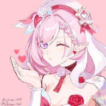 1girl beret blowing_kiss breasts commentary_request diamond-shaped_pupils diamond_(shape) earrings elf elysia_(hi_love_elf)_(honkai_impact) elysia_(honkai_impact) hat heart heart_earrings highres honkai_(series) honkai_impact_3rd jewelry large_breasts long_hair looking_at_viewer one_eye_closed pink_hair pointy_ears purple_eyes simple_background solo symbol-shaped_pupils twitter_username two_side_up ulume_1207 upper_body very_long_hair white_hair