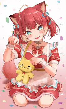 1girl :d absurdres ahoge akami_karubi animal_ears apron barefoot blue_eyes blush bow bowtie commentary_request crazy_raccoon dress fangs gradient_background hair_ribbon highres ishiyuki looking_at_viewer open_mouth puffy_short_sleeves puffy_sleeves red_bow red_bowtie red_dress red_hair ribbon seiza short_sleeves sitting smile solo tail toes tongue twintails virtual_youtuber