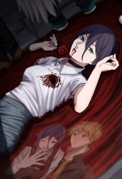 1boy 2girls absurdres angel_devil_(chainsaw_man) black_choker blood blood_on_clothes breasts brown_hair bullet_wound chainsaw_man choker collared_shirt denji_(chainsaw_man) dress dutch_angle empty_eyes feathered_wings flower fourth_east_high_school_uniform gakuran green_eyes hair_between_eyes highres imminent_death injury lying makima_(chainsaw_man) multiple_girls nosebleed on_back pinafore_dress polearm pool_of_blood purple_hair red_flower reze_(chainsaw_man) school_uniform severed_limb shirt shirt_tucked_in sirata_maru000 sleeveless sleeveless_dress small_breasts spear spoilers weapon white_shirt white_wings wings