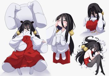 1girl 1other absurdres animal_ears backless_leotard bell black_eyes black_hair black_pantyhose blush bow bowtie breasts caressing_cheek chuugoku_usagi detached_collar expressionless fake_animal_ears gloom_(expression) hair_bell hair_between_eyes hair_ornament hakama hakama_skirt half-closed_eyes hibikisan highres holding holding_stuffed_toy hug japanese_clothes kosode leotard long_bangs long_hair looking_at_viewer looking_down looking_up low_twintails lying miko multiple_views no_shoes on_side one_eye_closed pantyhose playboy_bunny rabbit_ears reclining red_hakama red_leotard sandals shaded_face simple_background skirt sleeves_past_fingers sleeves_past_wrists small_breasts socks squatting standing strapless strapless_leotard stuffed_animal stuffed_rabbit stuffed_toy twintails very_long_hair voicevox white_background white_socks wide_sleeves wrist_cuffs zouri