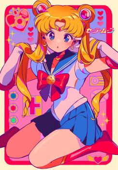 1girl :o bishoujo_senshi_sailor_moon blonde_hair blue_eyes blue_sailor_collar blue_skirt boots bow bowtie choker commentary crescent_choker double_bun elbow_gloves gloves hair_bun knee_boots long_hair magical_girl parted_bangs parted_lips pleated_skirt red_boots red_bow red_bowtie red_choker sailor_collar sailor_moon sailor_senshi_uniform sanamaru_(sana79261827) shirt short_sleeves sitting skirt solo symbol-only_commentary tsukino_usagi white_gloves white_shirt