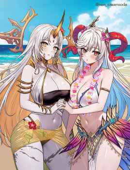 1girl 2girls armlet asymmetrical_docking bare_arms bare_shoulders beach bikini black_bikini blonde_hair blue_hair blush breast_press breasts cleavage collarbone colored_inner_hair colored_skin commentary commission curled_horns english_commentary fire_emblem fire_emblem_heroes flower flower_necklace freyja_(fire_emblem) freyja_(summer)_(fire_emblem) goat_horns grey_skin gullveig_(fire_emblem) gullveig_(summer)_(fire_emblem) halo holding_hands horns huge_breasts jewelry large_breasts large_horns long_hair looking_at_viewer multicolored_hair multiple_girls navel necklace nintendo ocean official_alternate_costume outdoors red_horns rein_creamsoda sarong see-through_clothes single_horn solo stomach swimsuit thick_thighs thighs twitter_username two-tone_hair very_long_hair white_bikini white_hair wide_hips yellow_eyes yellow_halo yellow_sarong yuri