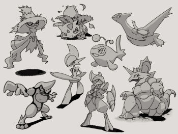 bisharp closed_mouth crack cracked_floor fangs floating full_body gallade gen_1_pokemon gen_2_pokemon gen_3_pokemon gen_4_pokemon gen_5_pokemon greyscale ivysaur lanturn latias leaf legendary_pokemon mismagius monochrome nidoking nintendo no_humans nostrils open_mouth pokemon pokemon_(creature) shadow toxicroak uninori