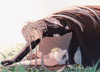 1boy 1girl armor armpits black_gloves black_pants breasts brown_hair chest_jewel cleavage couple dress gem gloves grey_hair hetero long_hair love_and_deepspace manatsuki_manata medium_breasts multiple_necklaces official_alternate_costume official_alternate_hair_length official_alternate_hairstyle on_ground open_mouth pants pinned protagonist_(love_and_deepspace) red_gemstone shoulder_armor silver_armor strapless strapless_dress twitter_username upper_body white_background white_dress white_gloves xavier_(love_and_deepspace)