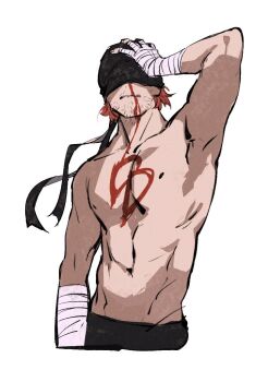 Rule 34 | 1boy, bandaged hand, bandages, bandana, black bandana, black pants, blood, blood on chest, blood on face, clenched teeth, covered eyes, daredevil, daredevil (netflix), facial hair, hand on own head, hashtag-only commentary, male focus, marvel, matt murdock, navel, nosebleed, orange hair, pants, short hair, solo, specter515021, stubble, teeth, toned, toned male, topless male, upper body, white background