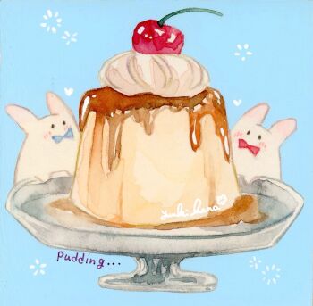 Rule 34 | acrylic gouache (medium), cherry, food, food focus, fruit, no humans, original, painting (medium), pudding, rabbit, traditional media, undersized animal, watercolor (medium), whipped cream, yuuki hana (jtnp5334)