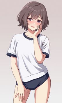 1girl absurdres black_buruma blush brown_eyes brown_hair buruma character_request commentary_request contamination_(contami0813) copyright_request grey_background gym_shirt gym_uniform hand_on_own_face highres looking_at_viewer nose_blush shirt short_hair solo standing t-shirt white_shirt