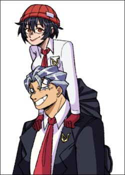 andy_(undead_unluck) beanie black_hair black_jacket clothes_around_waist full_body gloves hair_up hat izumo_fuuko jacket long_sleeves necktie red_eyes red_gloves red_necktie scar scar_on_face shirt short_hair smile undead_unluck union_emblem_(undead_unluck) upper_body white_hair white_shirt zoriizons