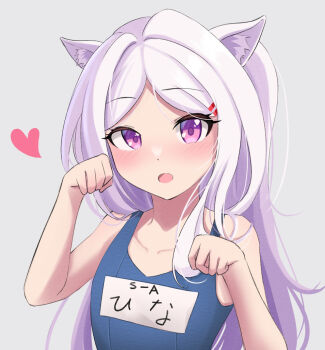 1girl animal_ear_fluff animal_ears blue_archive blue_one-piece_swimsuit blush breasts cat_ears cat_girl collarbone commentary_request grey_background hair_ornament hairclip hands_up heart highres hina_(blue_archive) hina_(swimsuit)_(blue_archive) kemonomimi_mode long_hair looking_at_viewer missing_halo name_tag official_alternate_costume old_school_swimsuit one-piece_swimsuit open_mouth parallel_hairclips parted_bangs paw_pose purple_eyes purple_hair ramkilog school_swimsuit simple_background small_breasts solo swimsuit upper_body