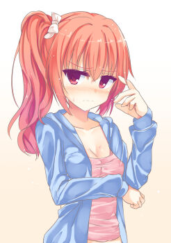 Rule 34 | >:(, 1girl, alternate costume, alternate hairstyle, arm under breasts, blue jacket, blush, bow, breasts, casual, cleavage, closed mouth, collarbone, commentary request, embarrassed, eyes visible through hair, frown, furrowed brow, gradient background, hair between eyes, hair bow, hand up, highres, inaba meguru, jacket, long hair, long sleeves, looking at viewer, medium breasts, nose blush, open clothes, open jacket, orange hair, pink shirt, red eyes, sanoba witch, segaxtu, shirt, side ponytail, sidelocks, simple background, solo, split mouth, v-shaped eyebrows, wet, wet clothes, wet shirt, white background, white bow, yellow background