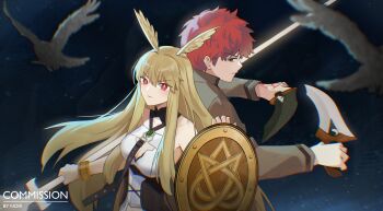 1boy 1girl absurdres artist_name back-to-back bare_shoulders bird blonde_hair bracelet breasts brown_eyes brown_shirt command_spell commission emiya_shirou fate/grand_order fate_(series) head_wings highres holding holding_polearm holding_weapon homurabara_academy_school_uniform jewelry kanshou_&amp;_bakuya_(fate) long_hair medium_breasts noir_(noir_reveur) polearm red_eyes red_hair school_uniform shield shirt short_hair spear sword thrud_(fate) valkyrie_(fate) weapon wings