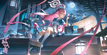 1girl absurdres ahoge blue_archive blue_eyes book building clothing_request cloud commentary_request from_below full_body full_moon halo heterochromia highres hoshino_(blue_archive) japanese_clothes jewelry kimono kisaragi_1go kneehighs knees lamp long_hair moon moonlight necklace night night_sky pink_hair pink_halo pink_ribbon ribbon sash short_kimono sitting sky smile socks solo star_(sky) super_h2o table teapot temple white_socks yellow_eyes yukata